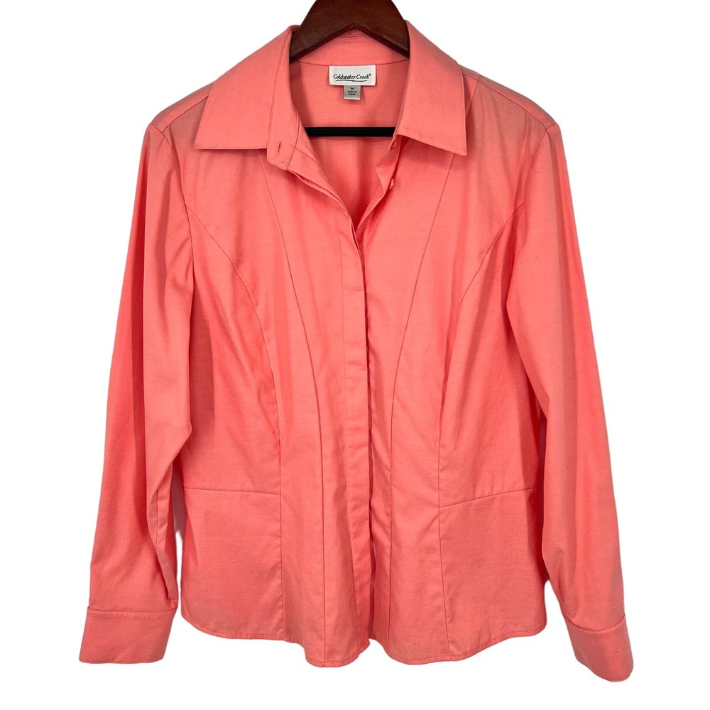 Coldwater Creek Sz Medium Coral Pink Long Sleeve Button Up Blouse Shirt Top